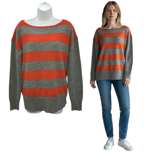 J. CREW Wool Alpaca Blend Gray Orange Striped Boatneck Sweater - Women’s Medium - Picture 1 of 11